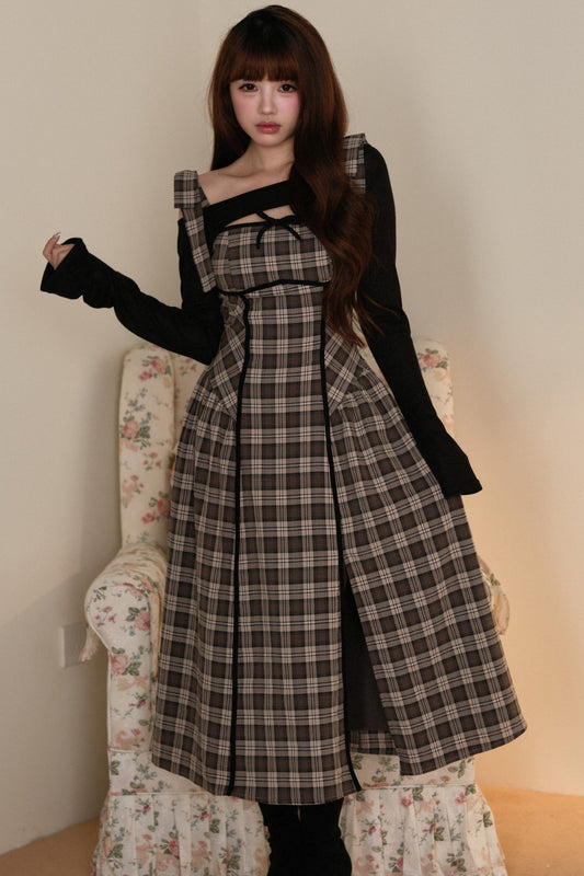 ブラックトップス＋リボンショルダーチェックJSKドレスセットアップ