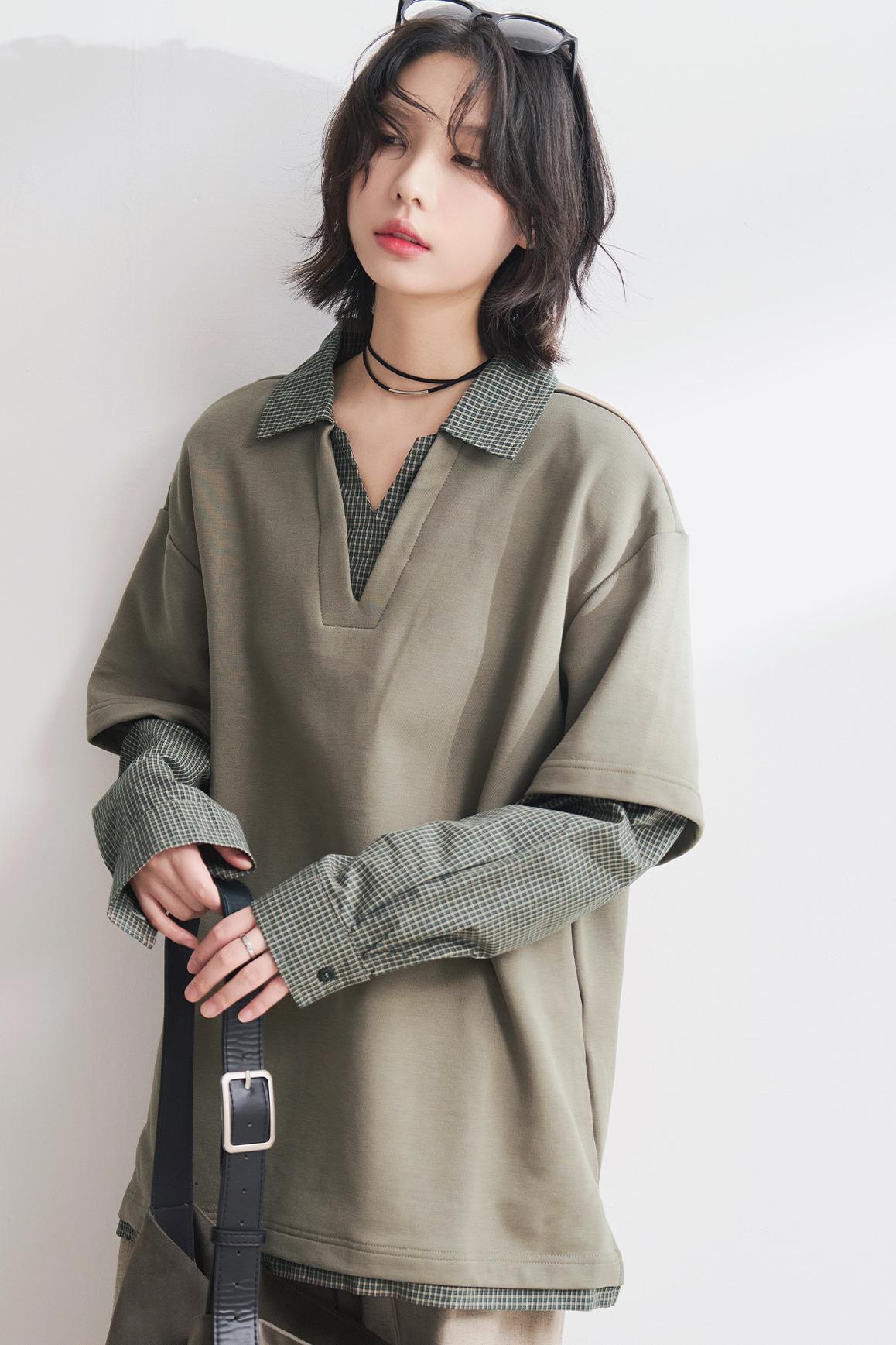 Shirt Collar Faux Two-Piece Tops