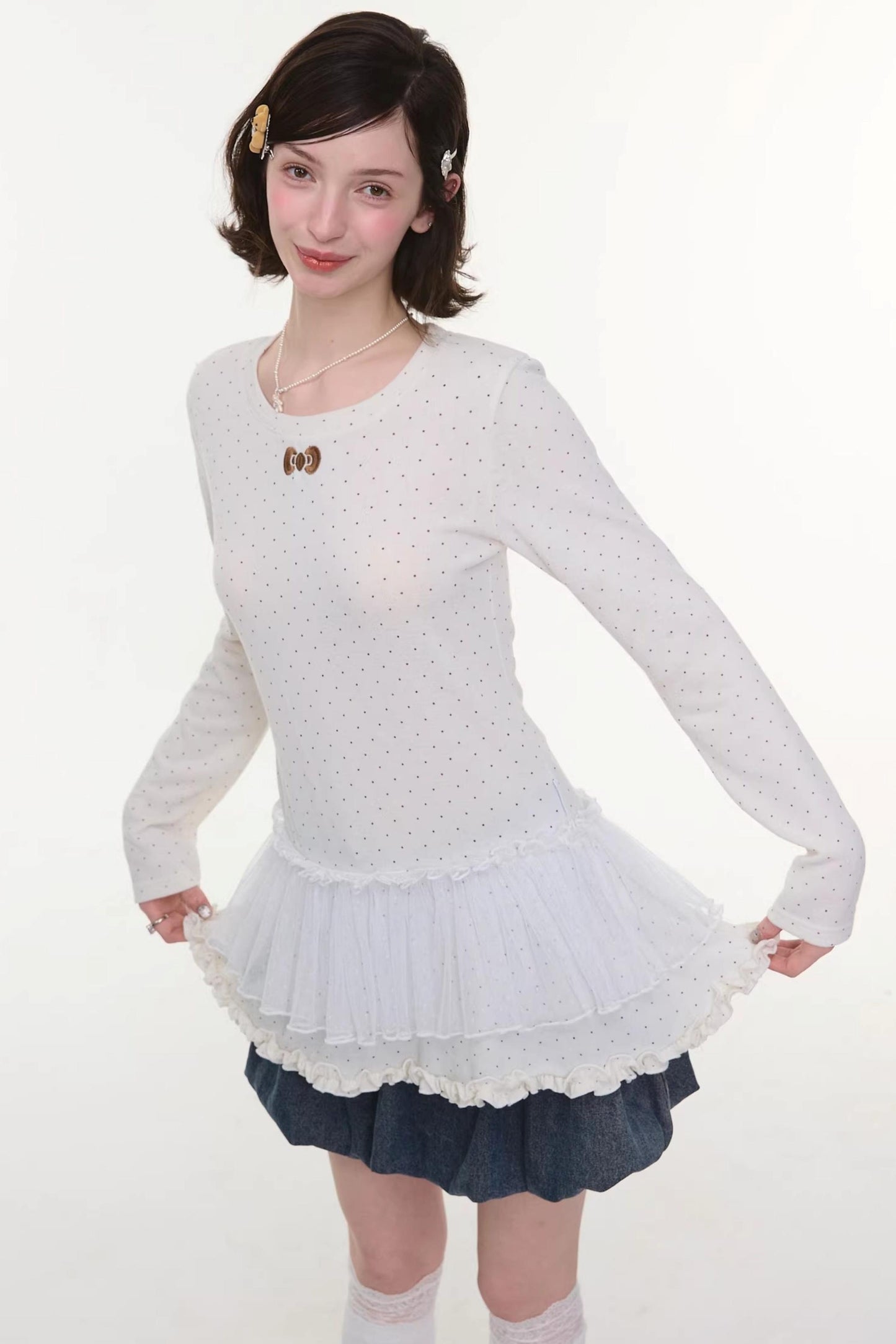 Lace Pleated Polka Dot Blouse