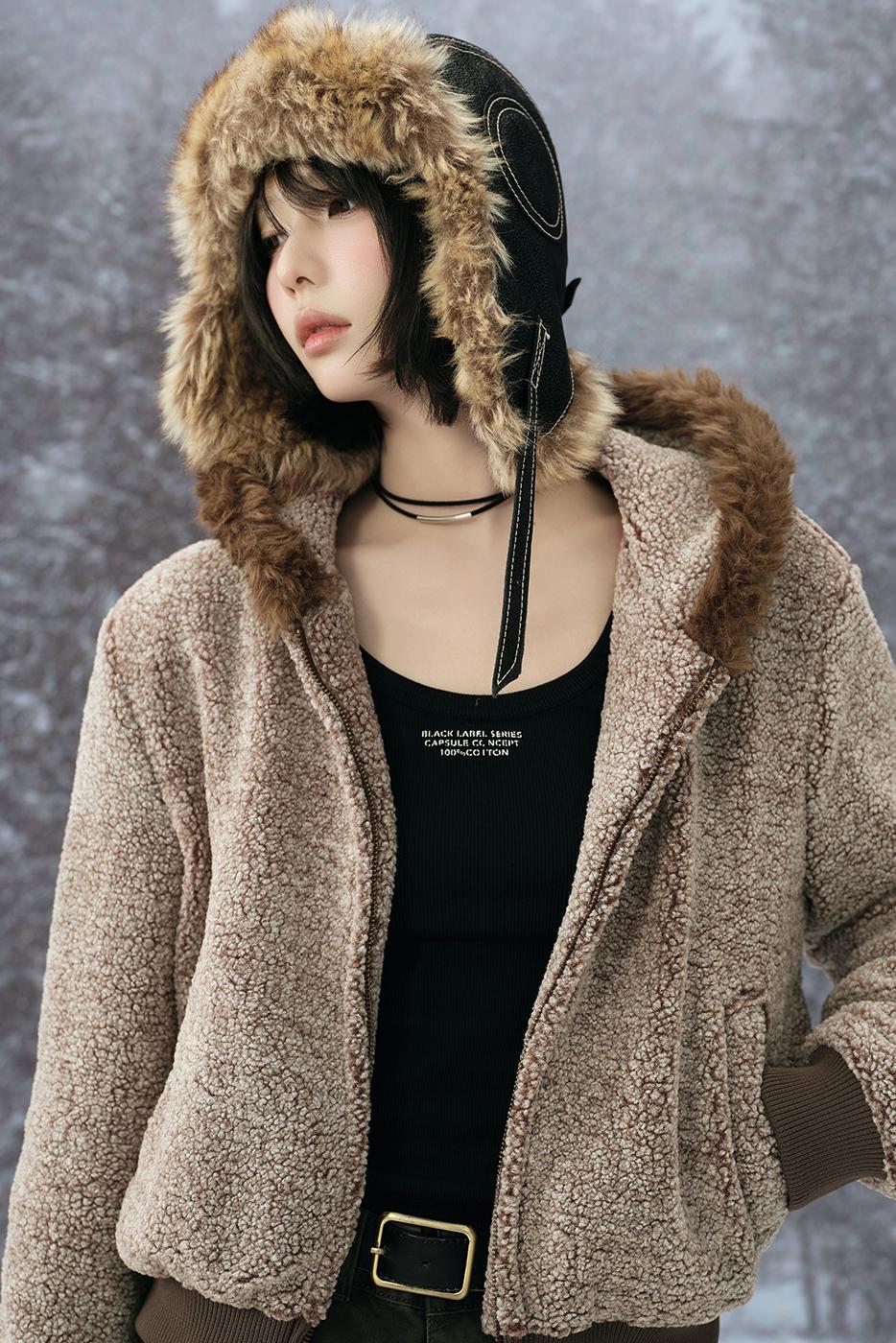 Wool Fur Collar Hooded Jacket