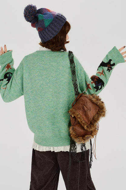 キャットジャガードレトロプルオーバートップス