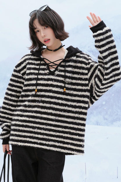 Striped plush hooded top