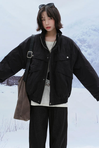 Solid cotton stand collar jacket