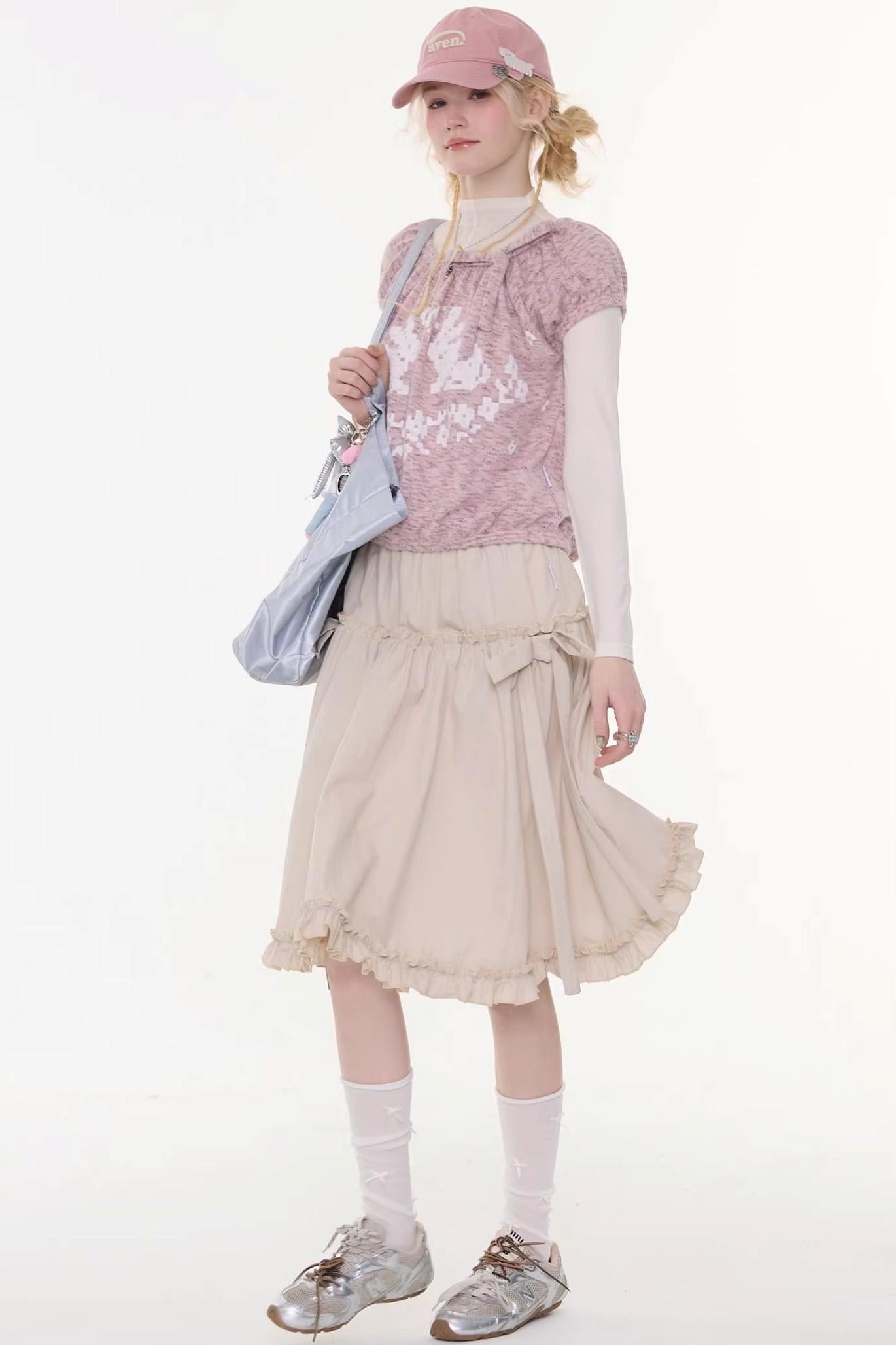 Vintage Bow Knot Khaki Midi Skirt