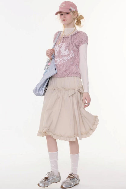 Vintage Bow Knot Khaki Midi Skirt