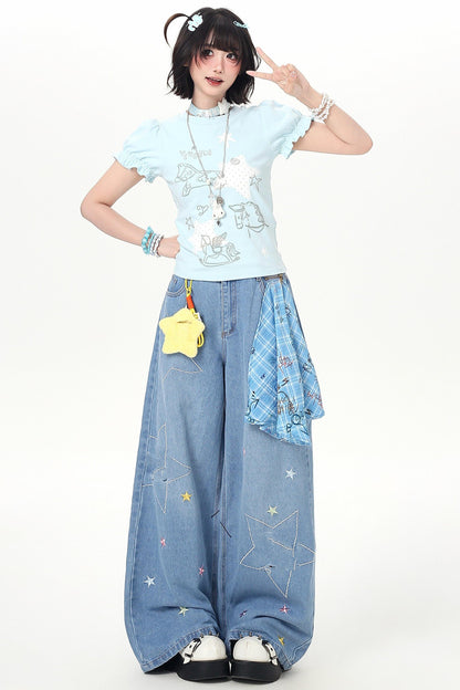 Haut à manches bouffantes girly à imprimé étoilé