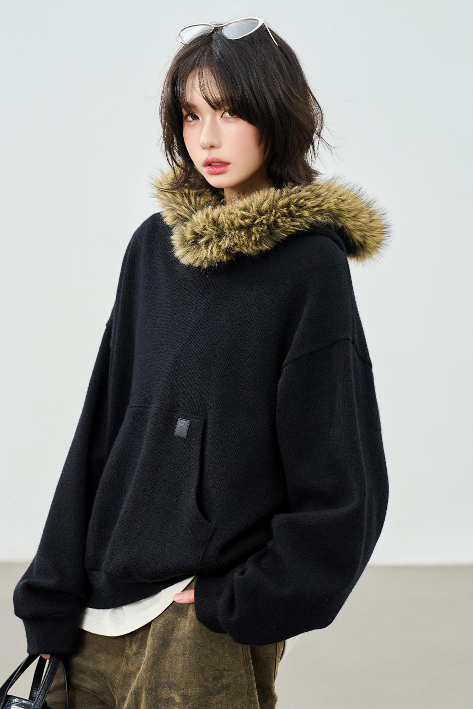 Knit Fur Collar Hooded Sweatshirt