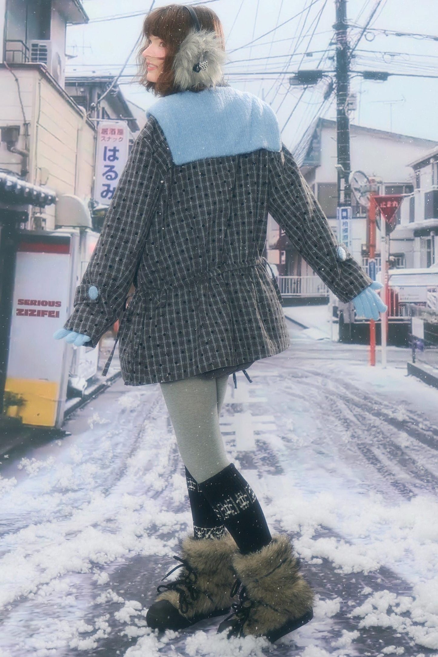 Checked Dot Doll Collar Coat