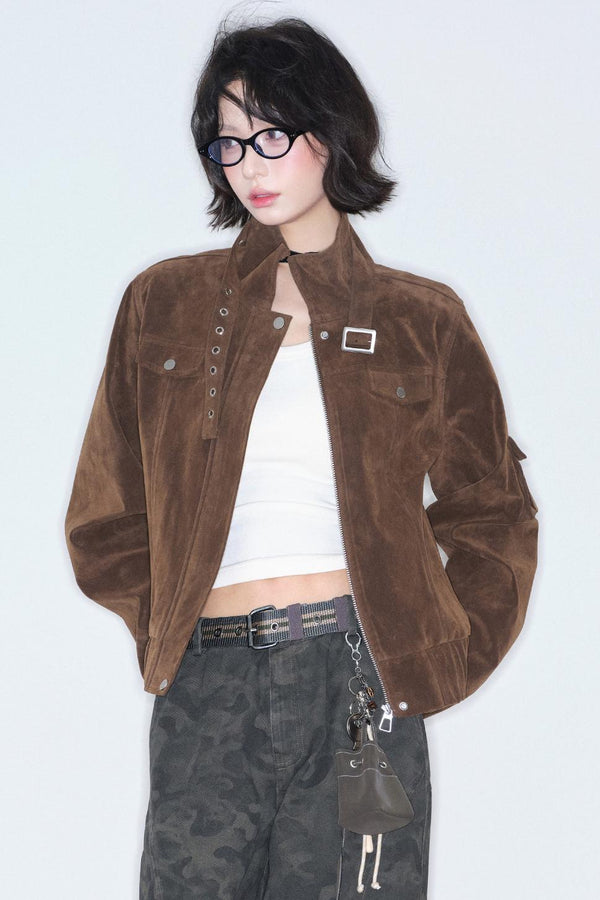 Retro Suede Stand-Up Collar Jacket