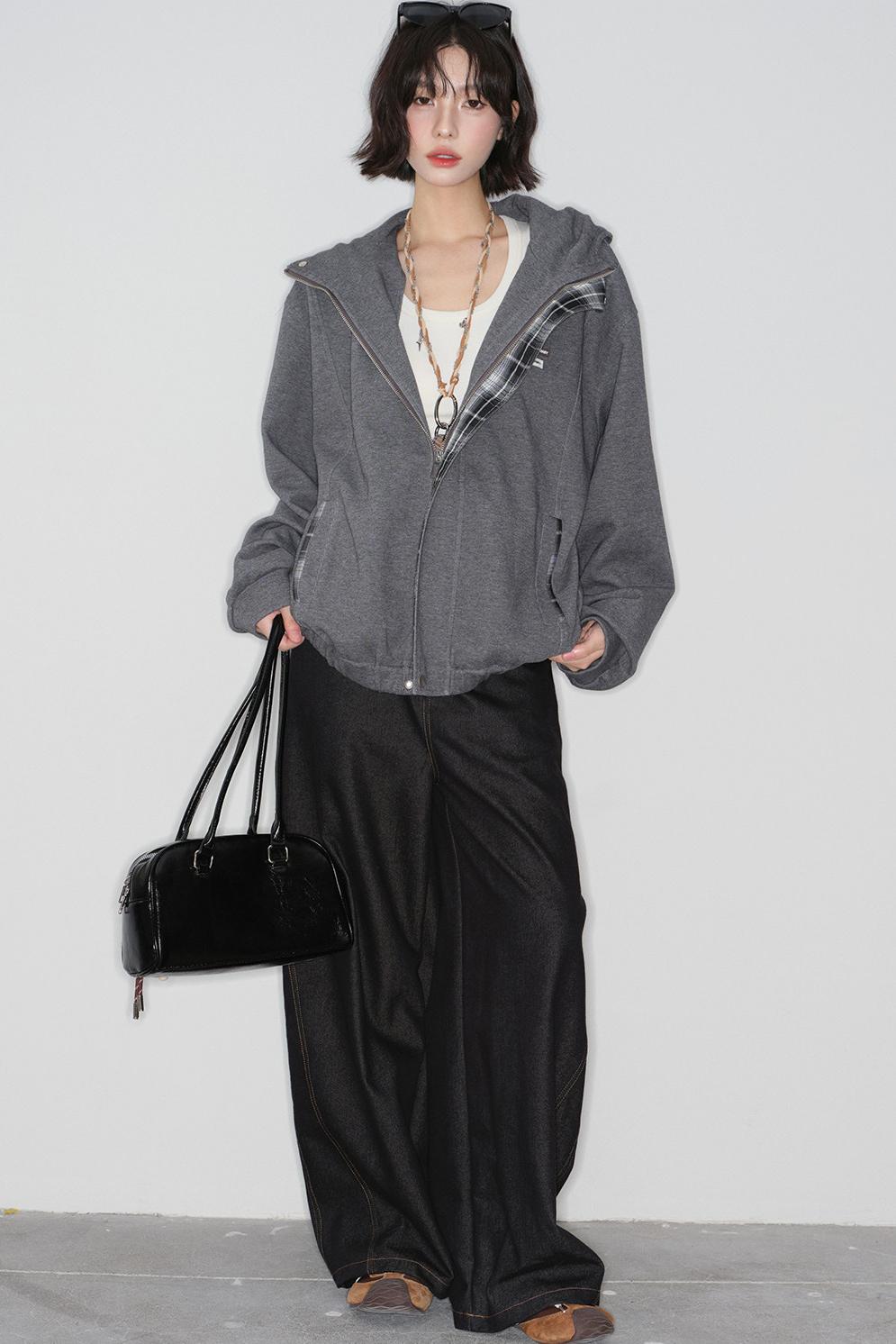 Plaid Patchwork Hooded Cardigan