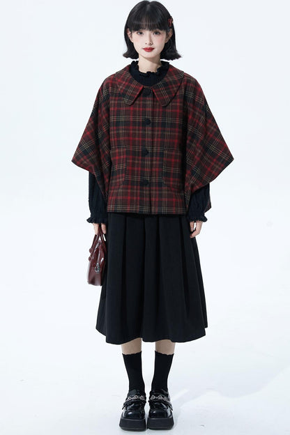 レッドブラウンチェックケープコート