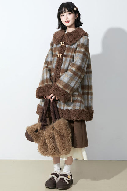ブラウンチェックファーカラ―コート