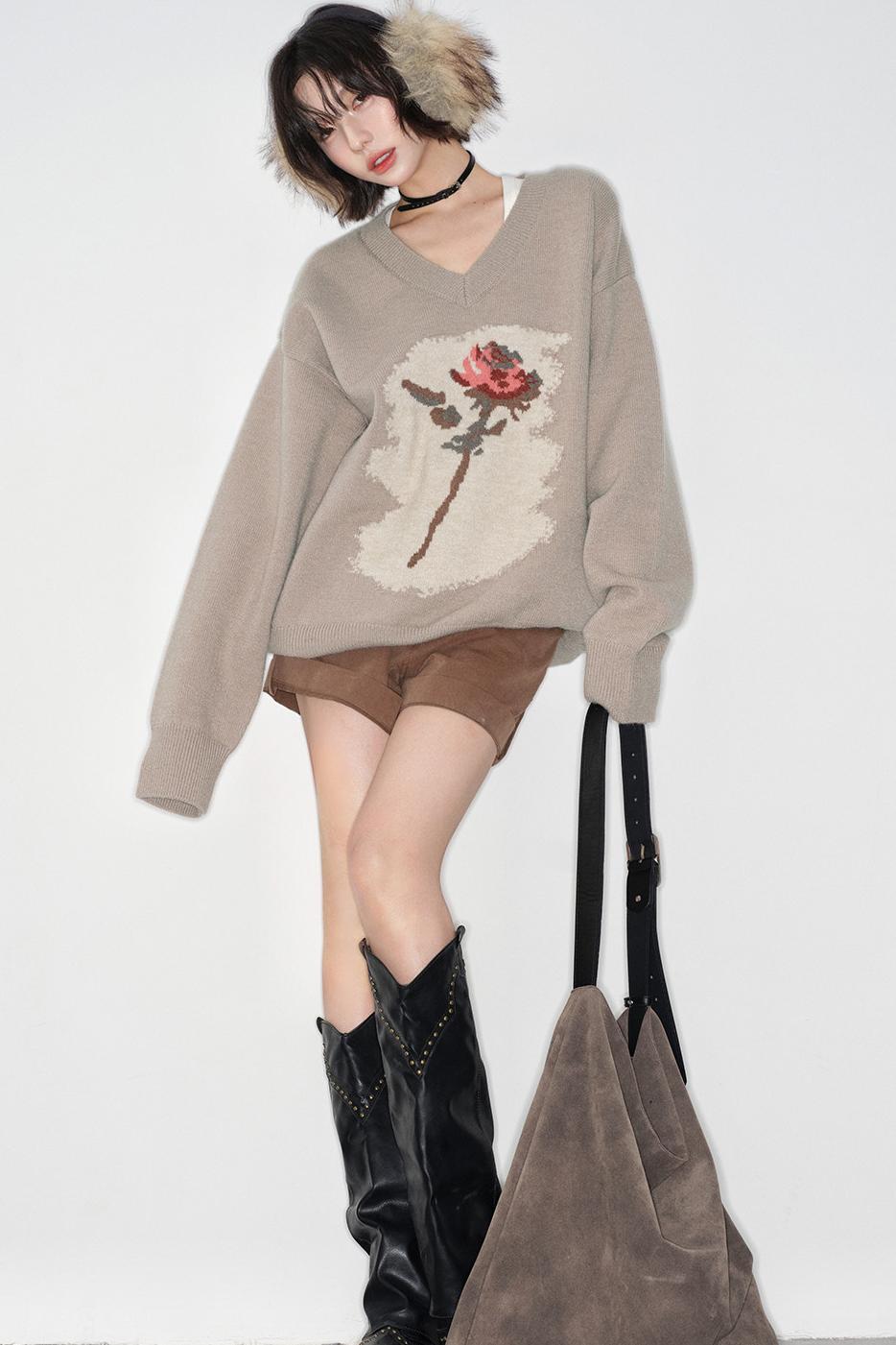 Rose Pattern Buoy Neck Sweater