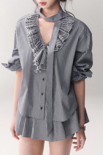 Blue Plaid Lace Blouse + Skirt