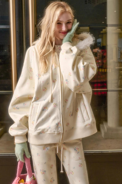 フローラルフラワーファーフードジャケット+ルーズコート+ロングパンツ