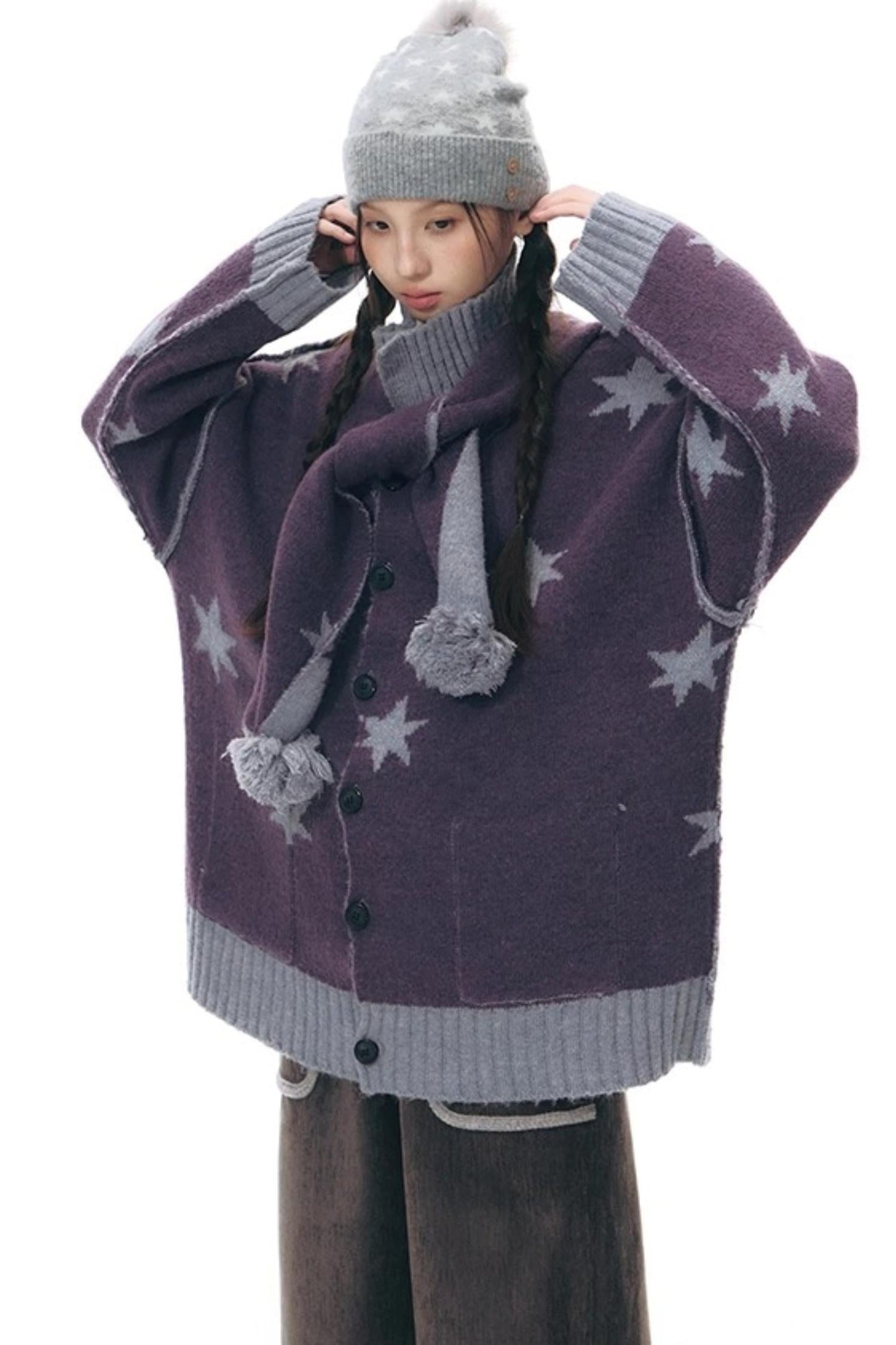 Reversible Star Cardigan + Fur Ball Hooded Scarf