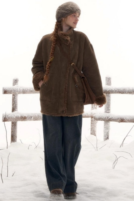 Reversible suede stand collar fur coat