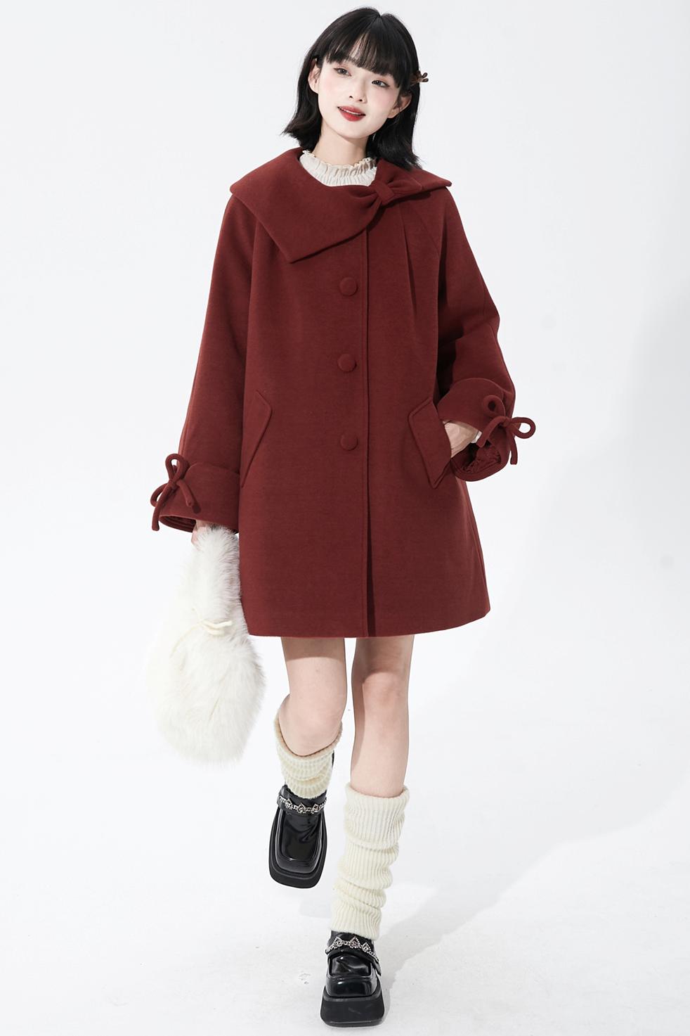 レッドアシンメトリーボウウールコート