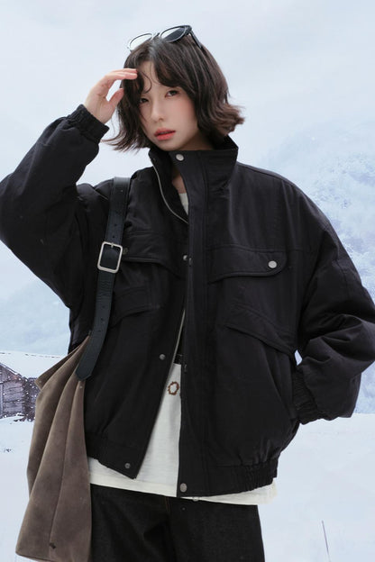 Solid cotton stand collar jacket