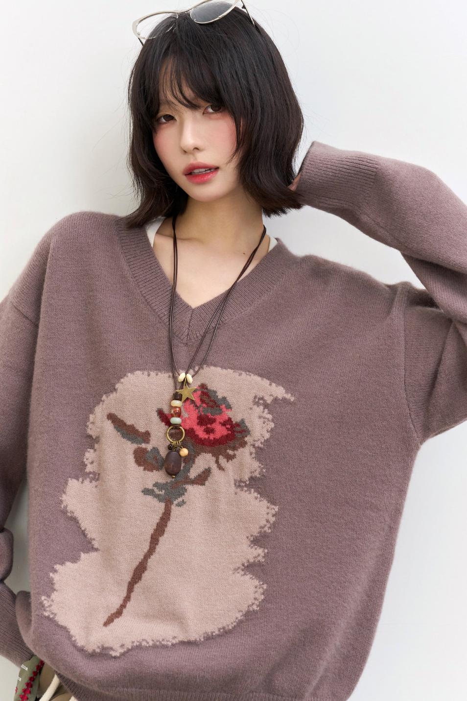 Rose Pattern Buoy Neck Sweater