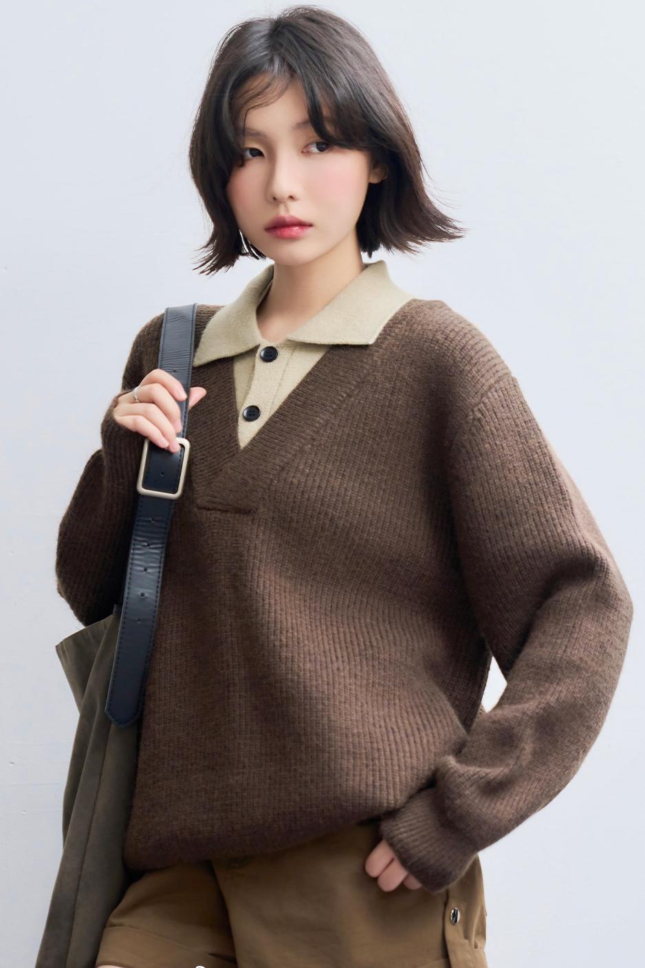 Knit Layered Lapel Collar Sweatshirt