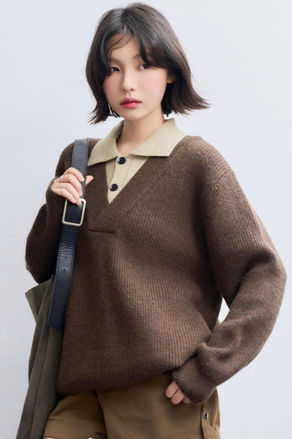 Knit Layered Lapel Collar Sweatshirt