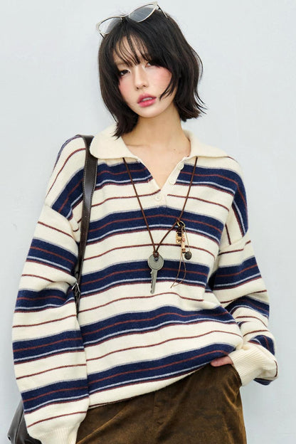 Striped Polo Collar Knit Sweater