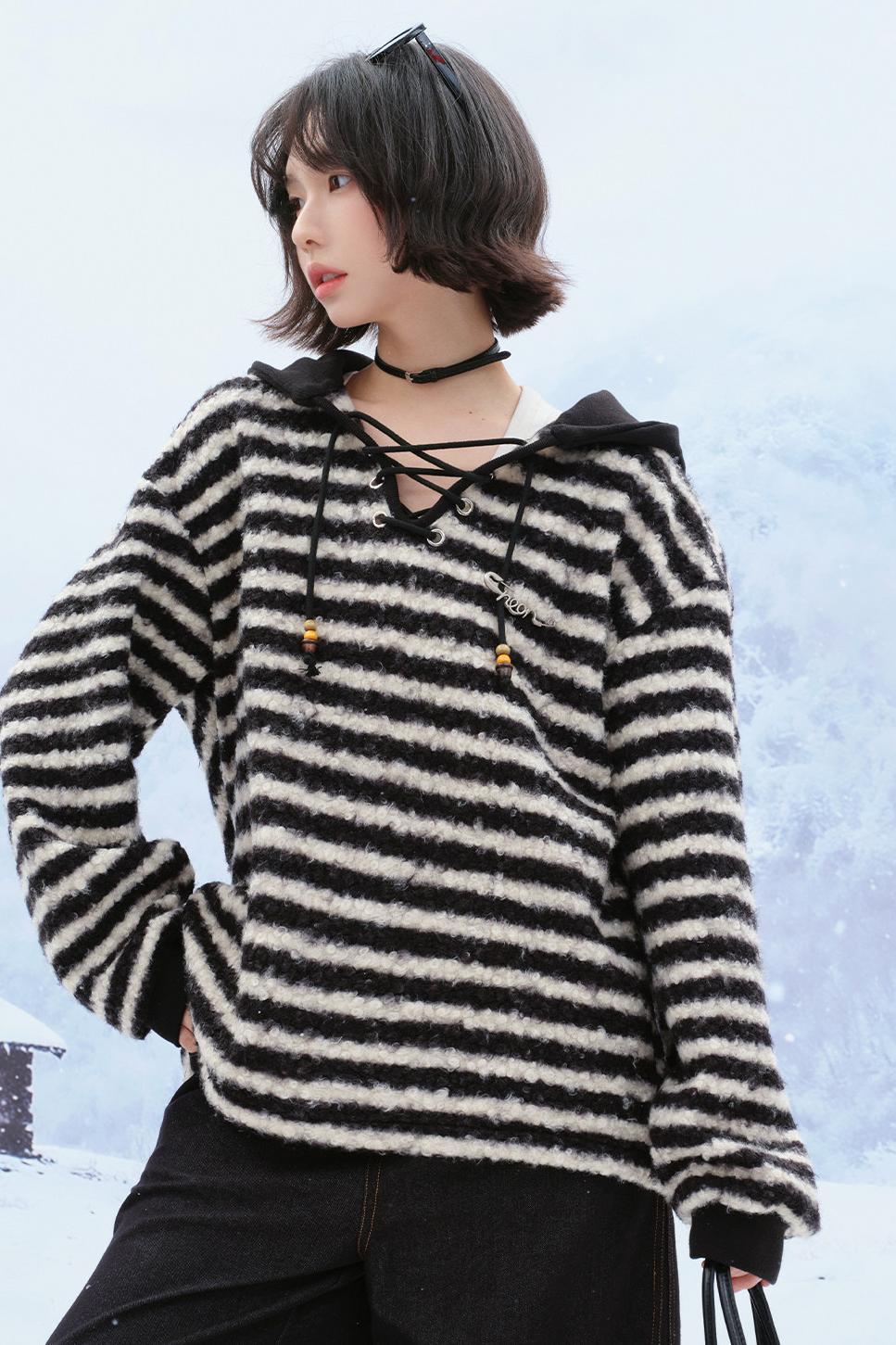 Striped plush hooded top