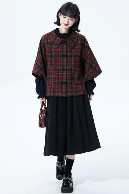 レッドブラウンチェックケープコート