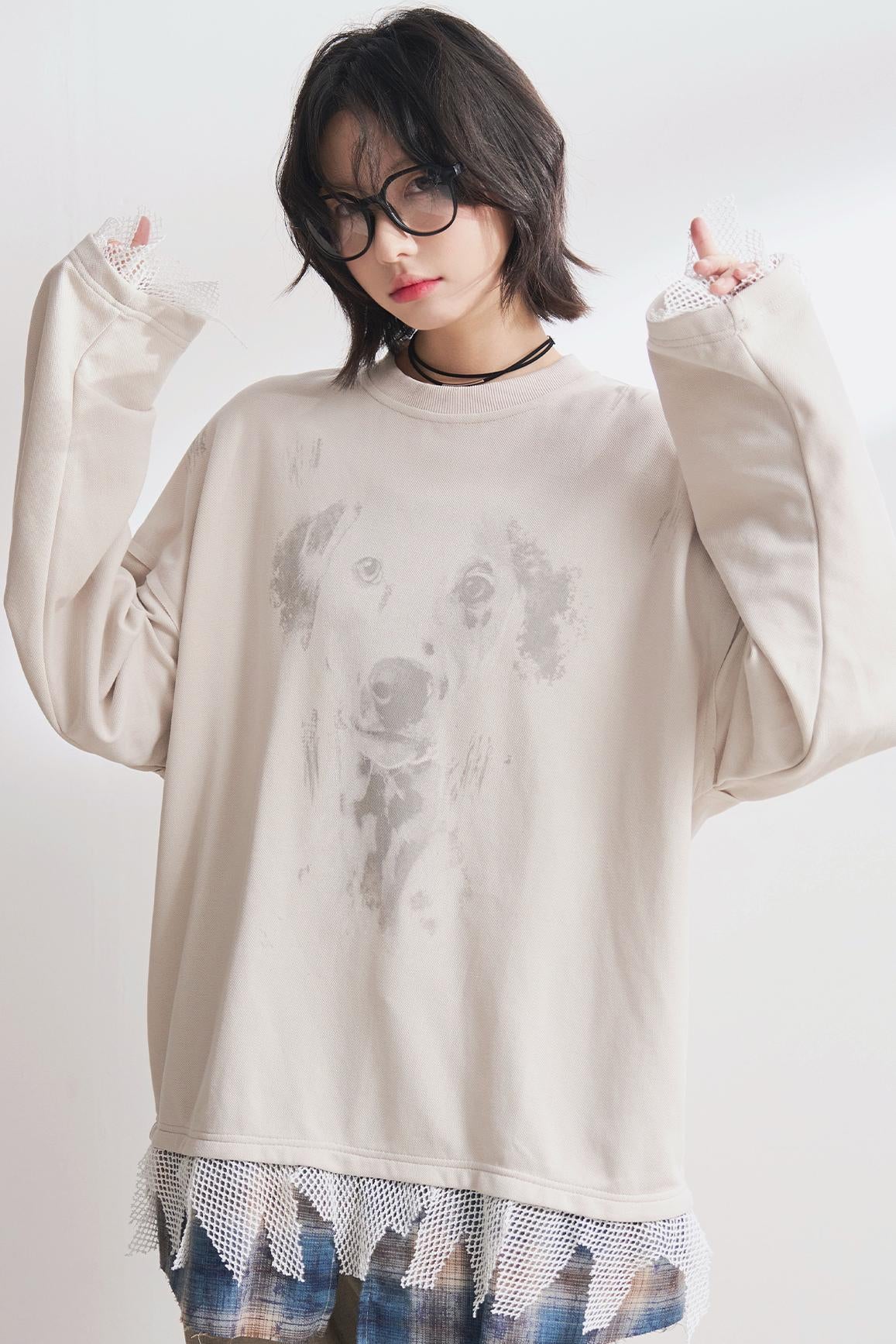 Dog Print Panel Long Sleeve T-Shirt
