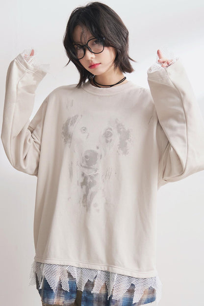 Dog Print Panel Long Sleeve T-Shirt
