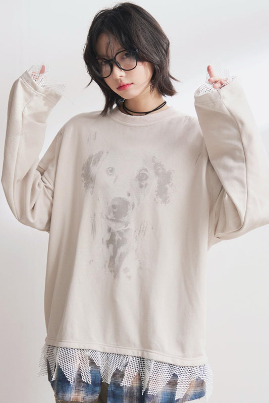 Dog Print Panel Long Sleeve T-Shirt
