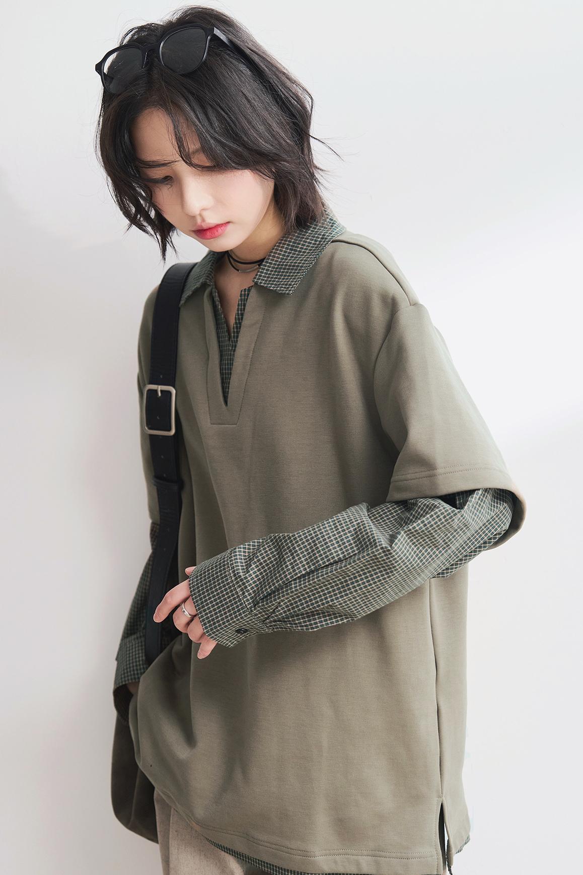 Shirt Collar Faux Two-Piece Tops