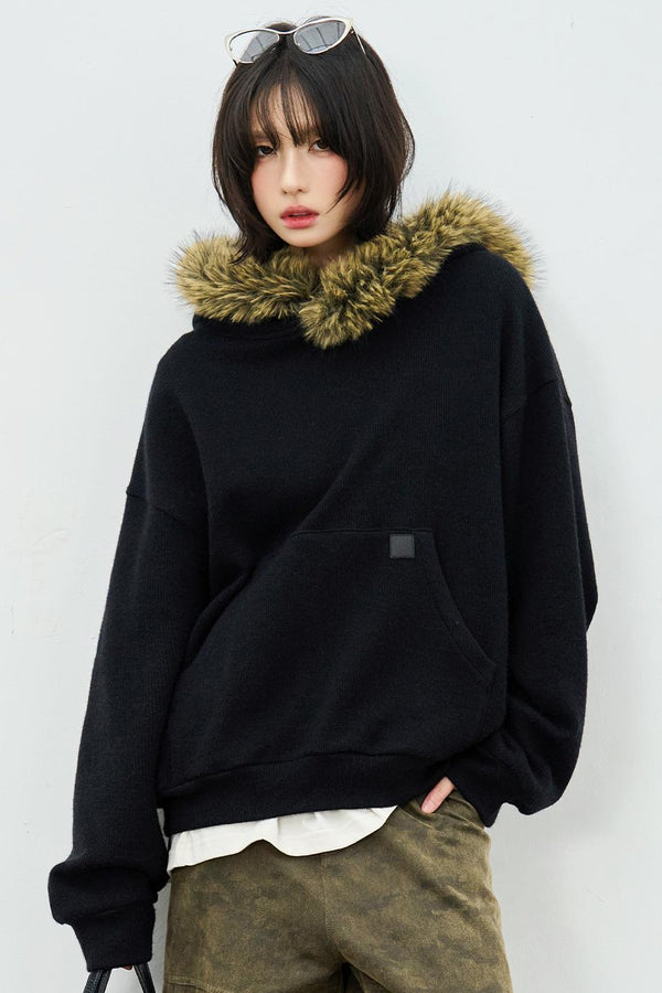 Knit Fur Collar Hooded Sweatshirt