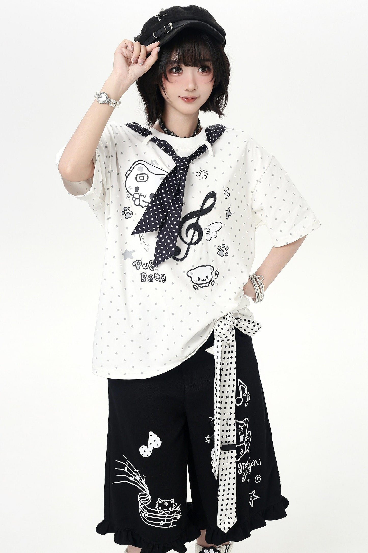 T-shirt ample à col noué à pois imprimé chat