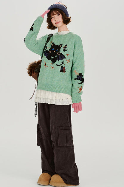 キャットジャガードレトロプルオーバートップス