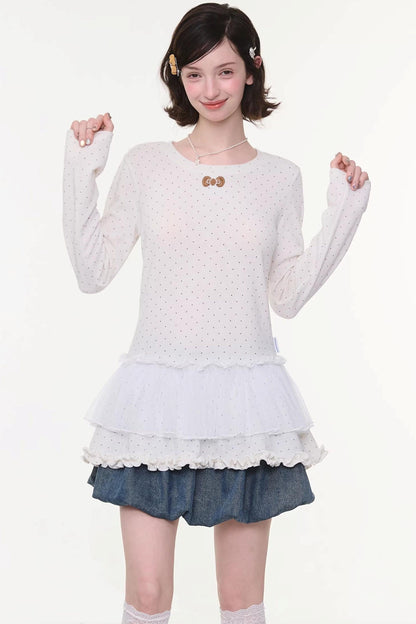 Lace Pleated Polka Dot Blouse