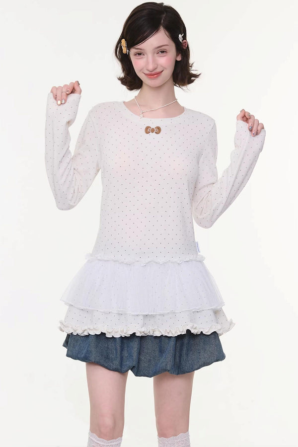 Lace Pleated Polka Dot Blouse
