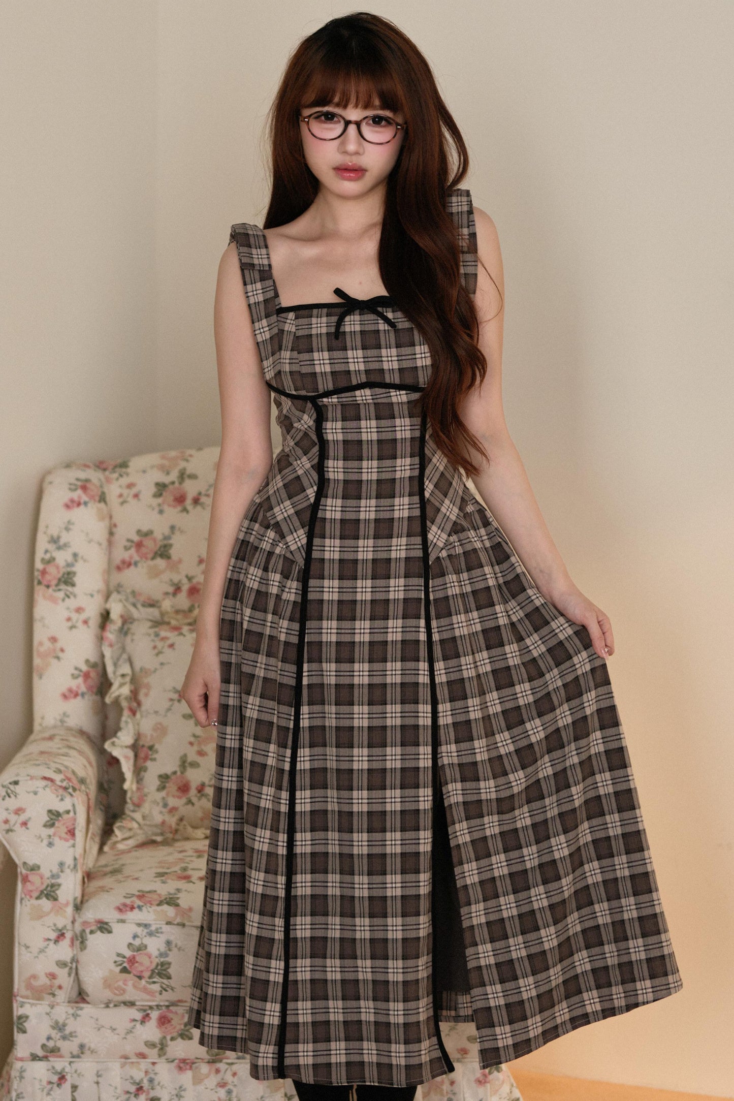 ブラックトップス＋リボンショルダーチェックJSKドレスセットアップ