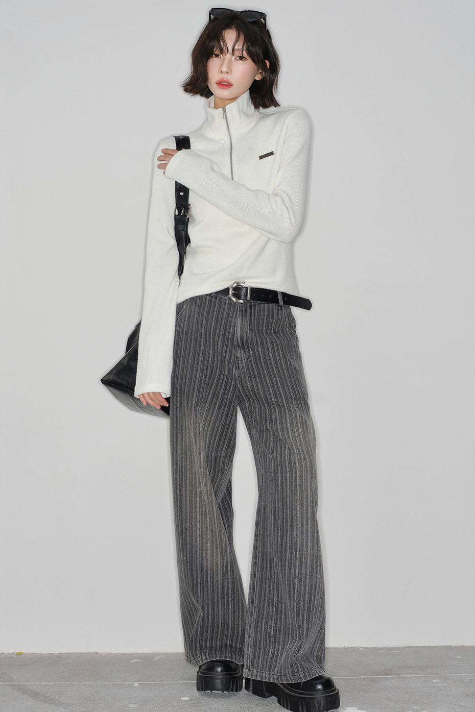 ストライプドデニムストレートレッグパンツ