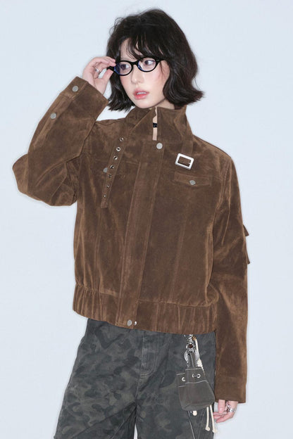 Retro Suede Stand-Up Collar Jacket