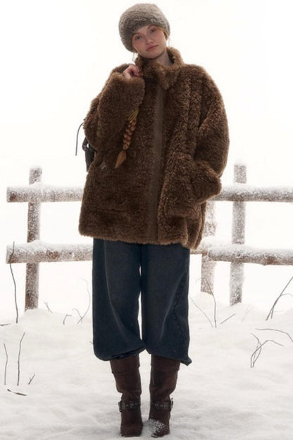 Reversible suede stand collar fur coat