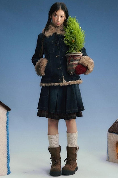 ファーカラーデニムジャケット+スカート