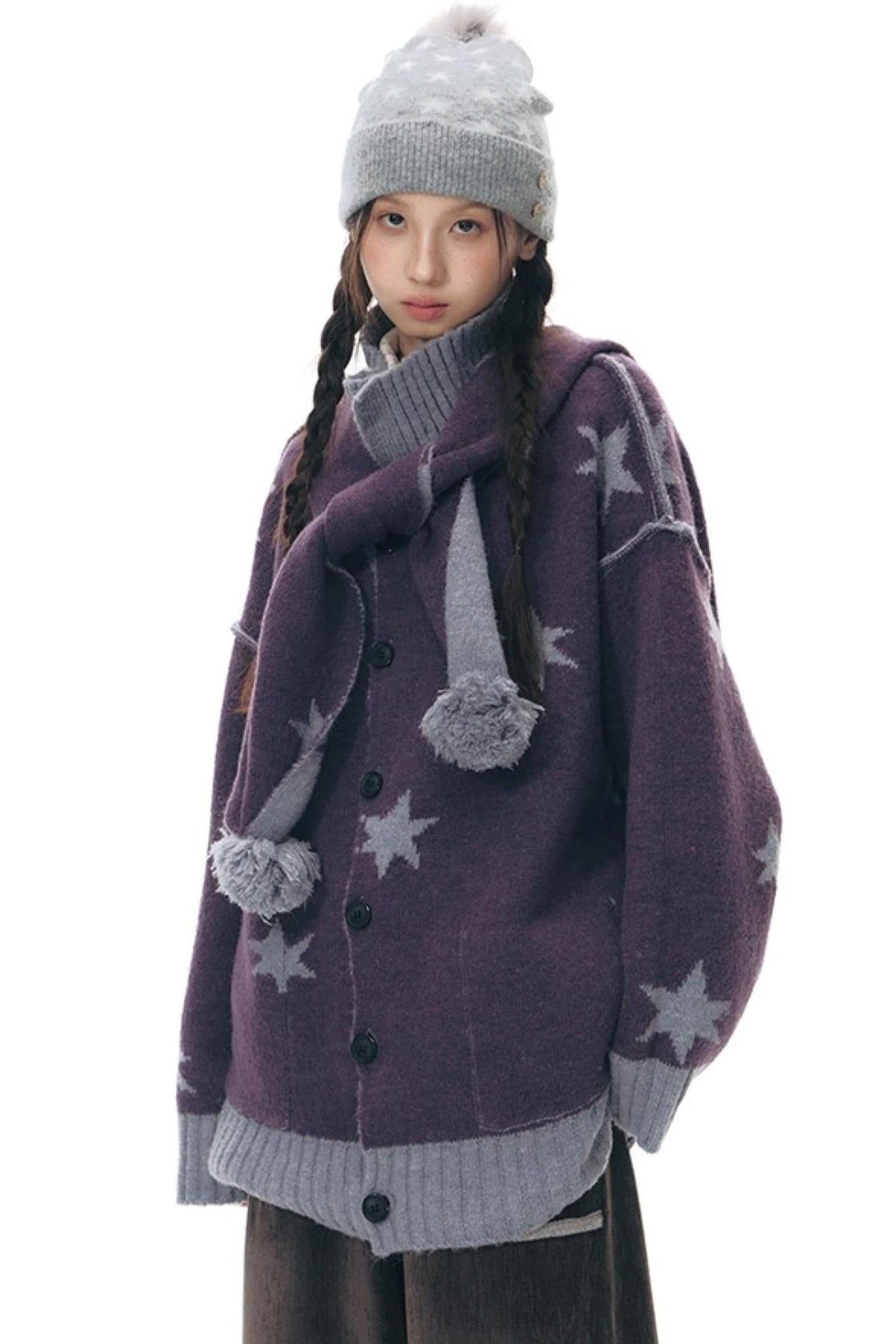 Reversible Star Cardigan + Fur Ball Hooded Scarf