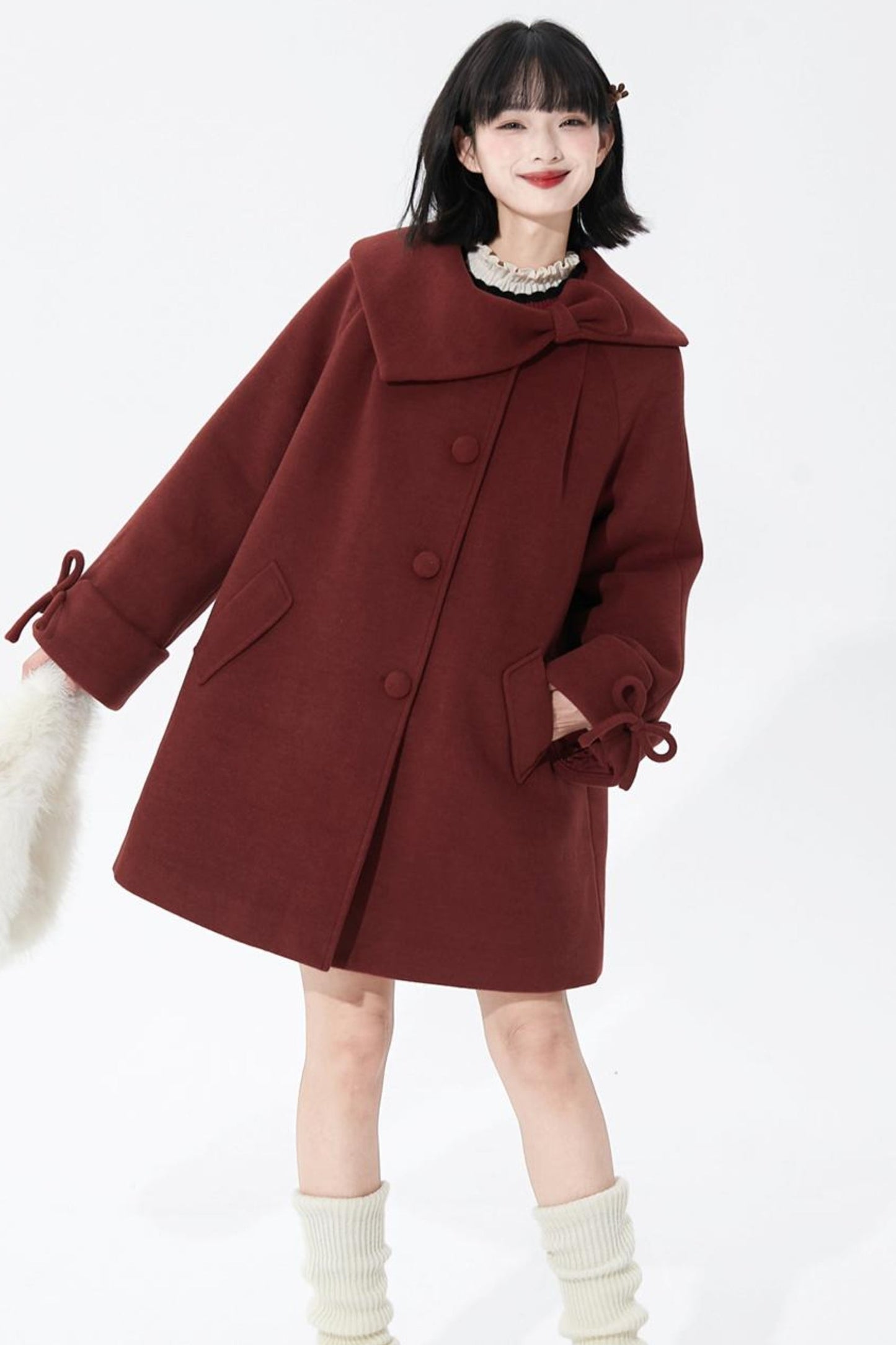 レッドアシンメトリーボウウールコート