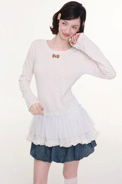 Lace Pleated Polka Dot Blouse