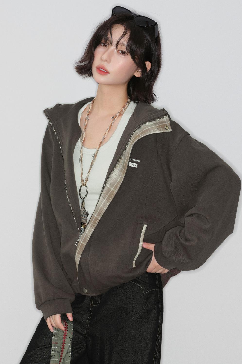 Plaid Patchwork Hooded Cardigan