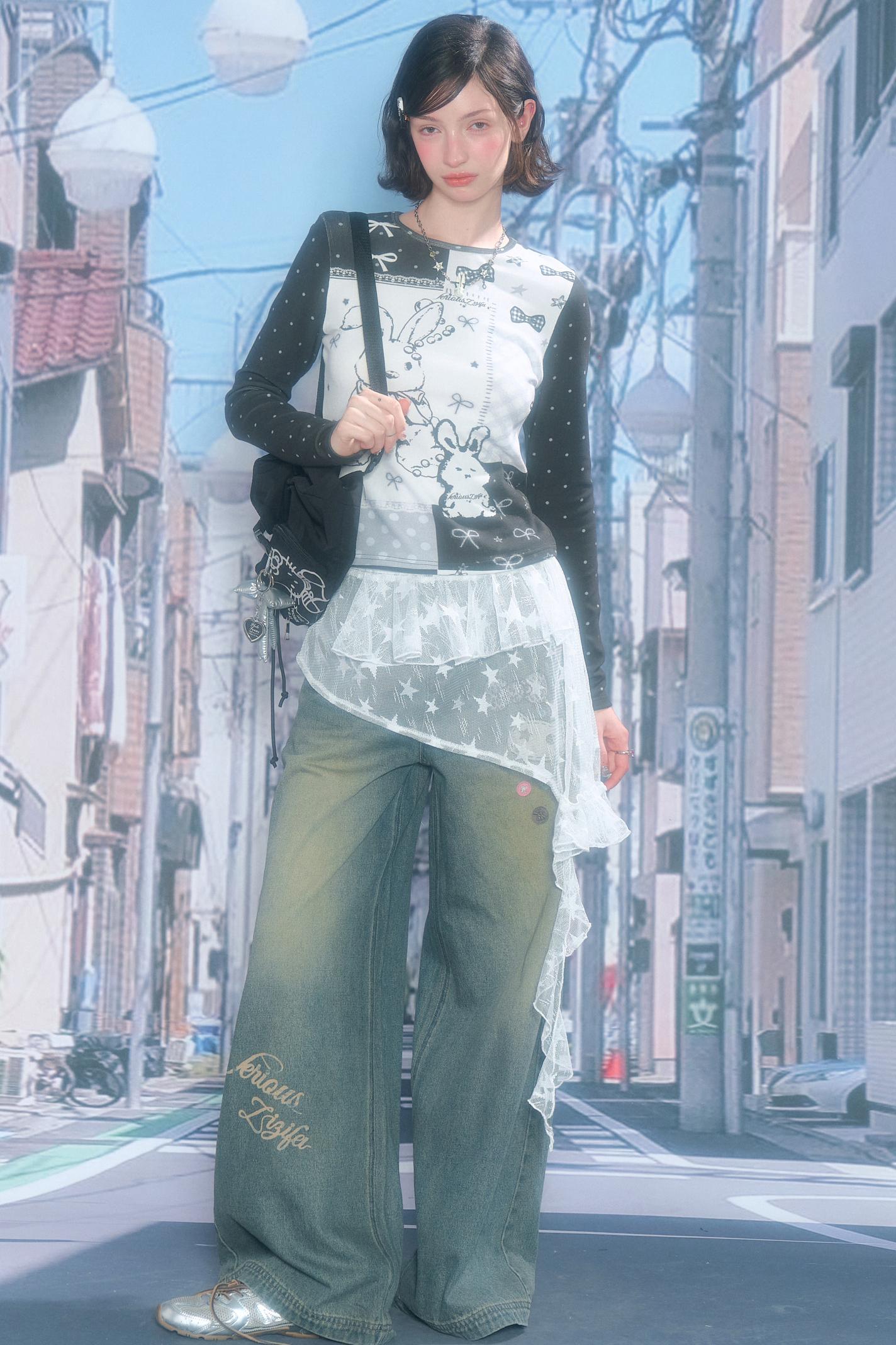 Rabbit Print Contrast Blouse