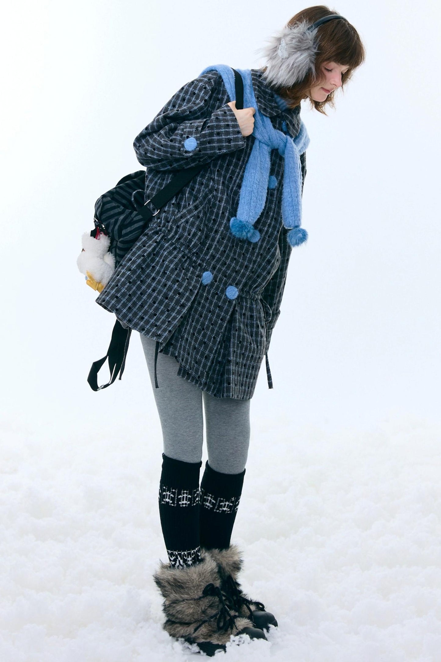 Checked Dot Doll Collar Coat