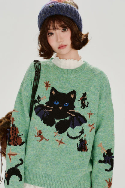 キャットジャガードレトロプルオーバートップス